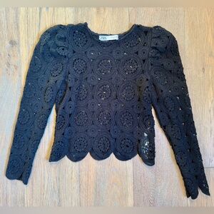 Zara Women’s Open Crochet Lace Boho Long Sleeve Sheer Pullover Top Black Size S